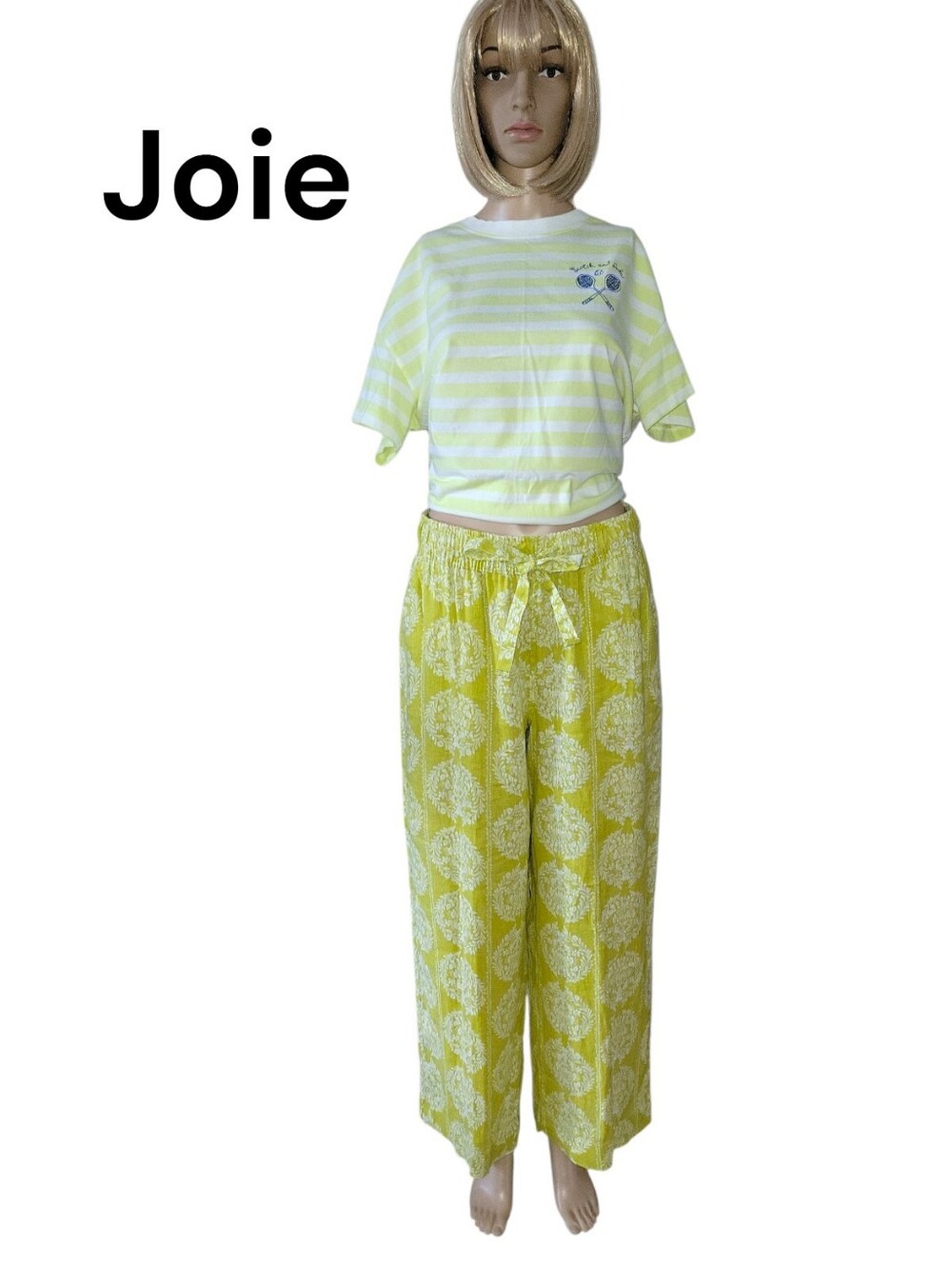 Joie Linen Wide Leg Pants Chartreuse Damask Crop Drawstring Pockets M EUC